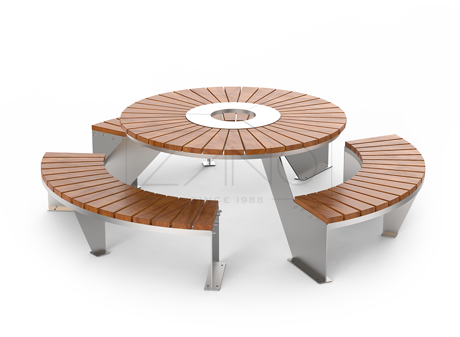 Table de pique-nique avec trois bancs en acier inoxydable et bois exotique