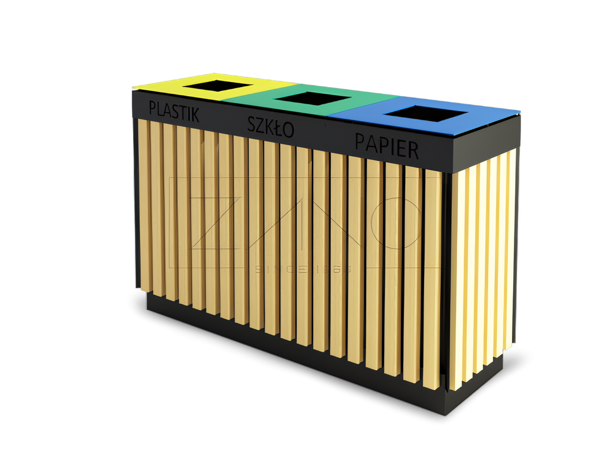 poubelle 3 compartiments Argo métal et bois mobilier urbain poubelle tri sélectif