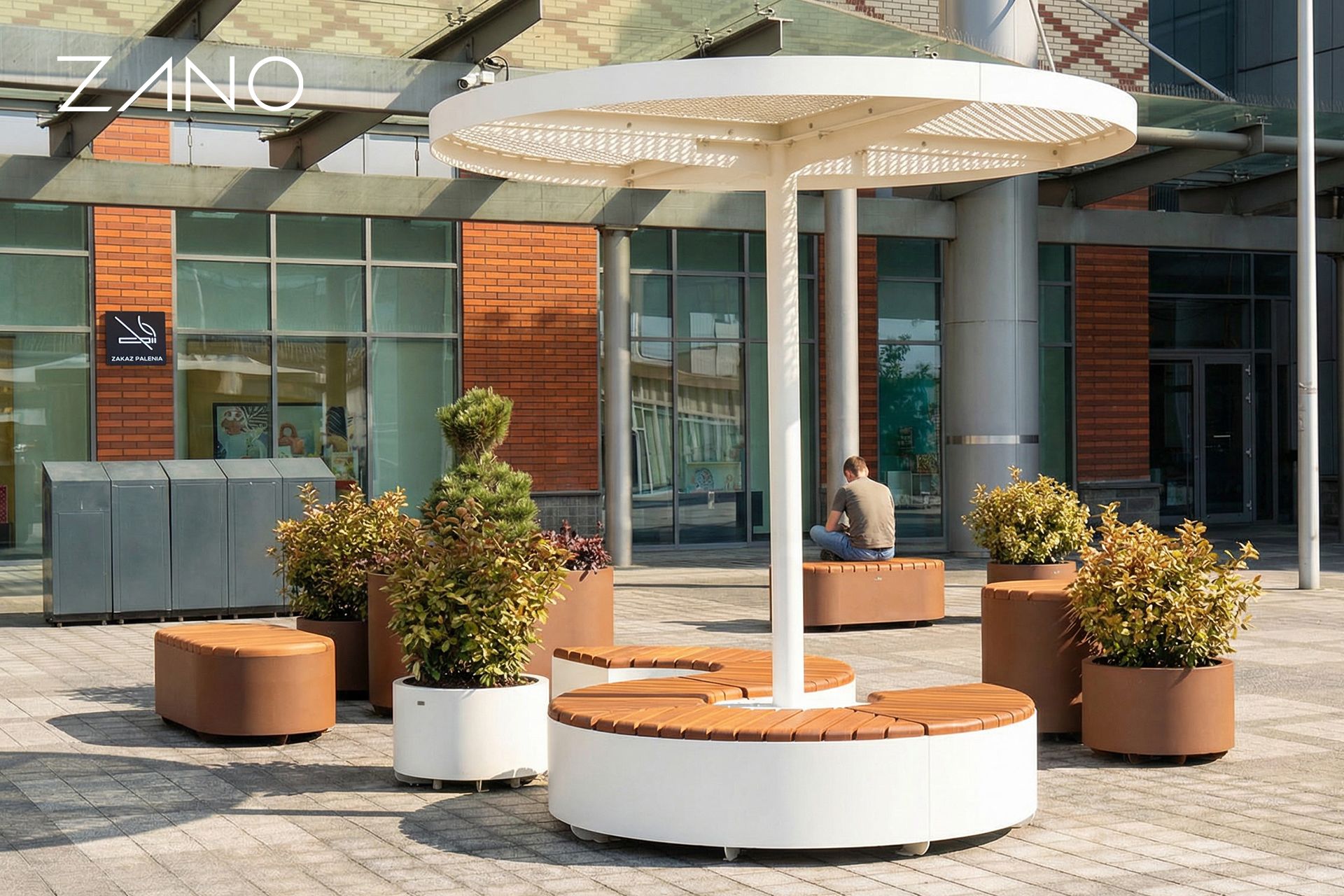 Grand banc rond avec toit en acier et bois Grand banc rond avec toit en acier et bois