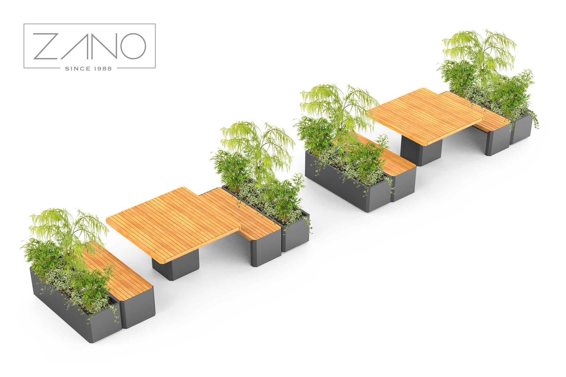 Aménagement du banc, du pot et de la table Stilo - mobilier urbain ZANO
