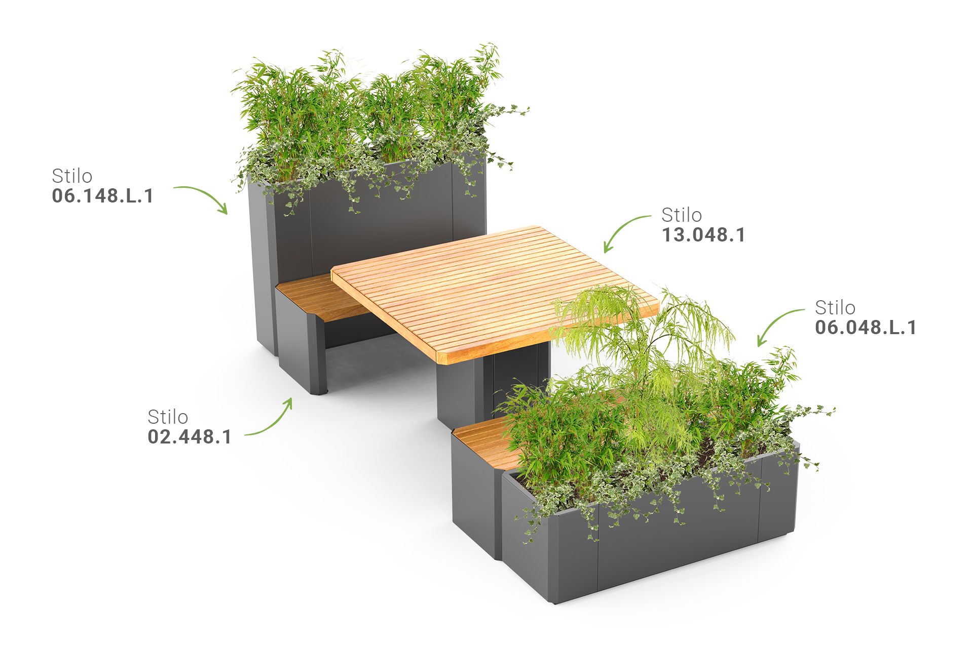 Mobilier urbain Stilo | banc, table, jardinières